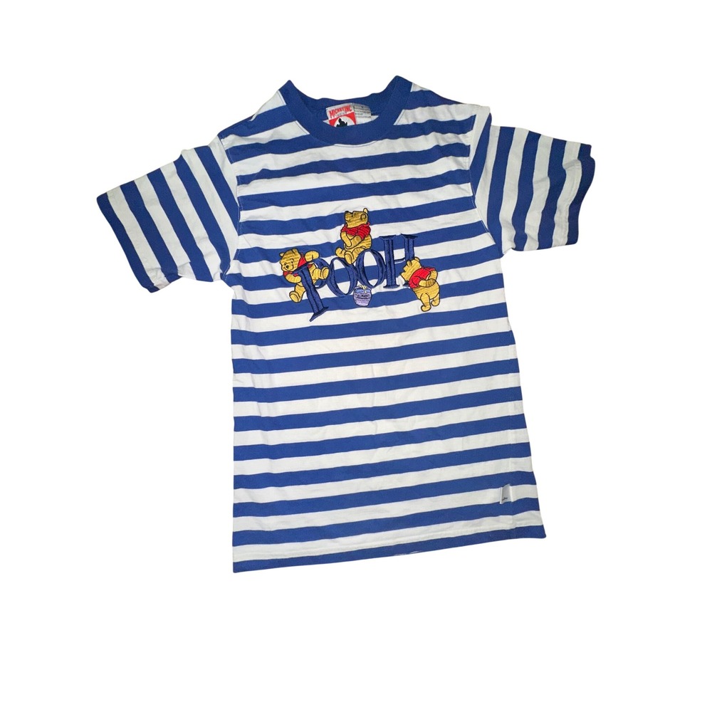 Vintage Mickey Inc Winnie the Pooh Striped T-Shirt Blue White Embroidered Small